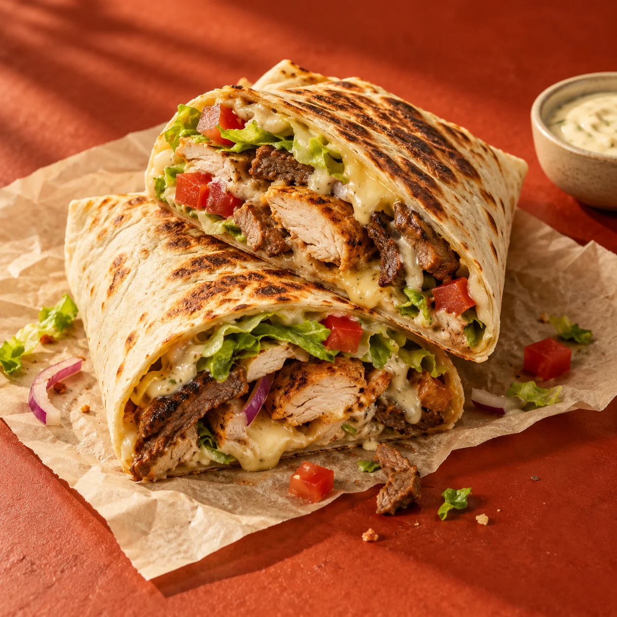 Swiss Tacos concept illustration: grilled tortilla with meat, chicken and fillings